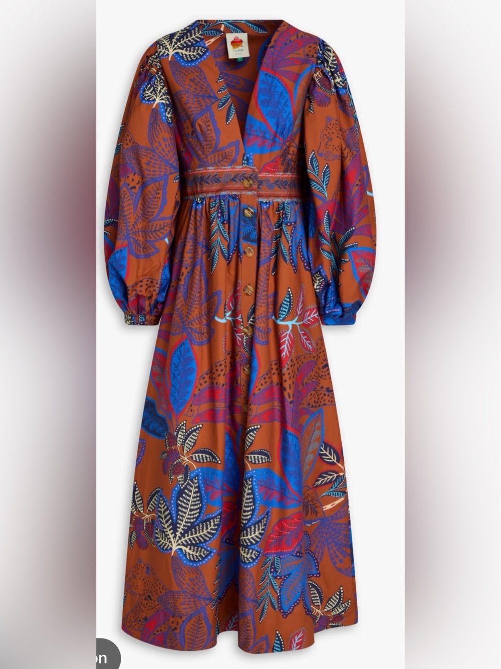 FARM Rio Burnt Orange Maxi Dress with Bold Blue Floral Print